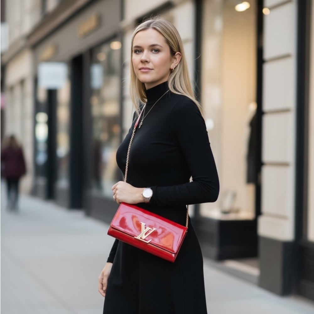 Louis Vuitton patent red leather clutch with chain in EUC.